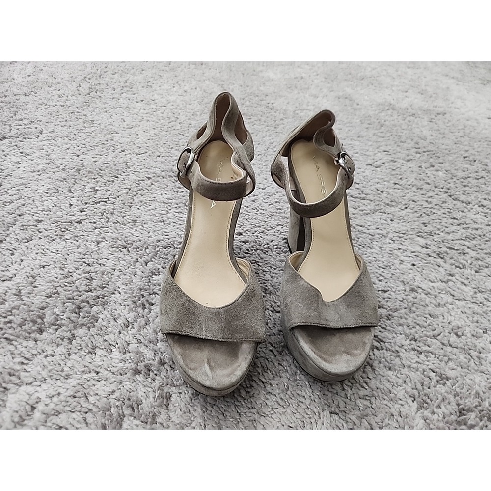 Via Spiga Sandals Womens 7 Taupe Suede Block Heel Platform Ankle Strap Italian